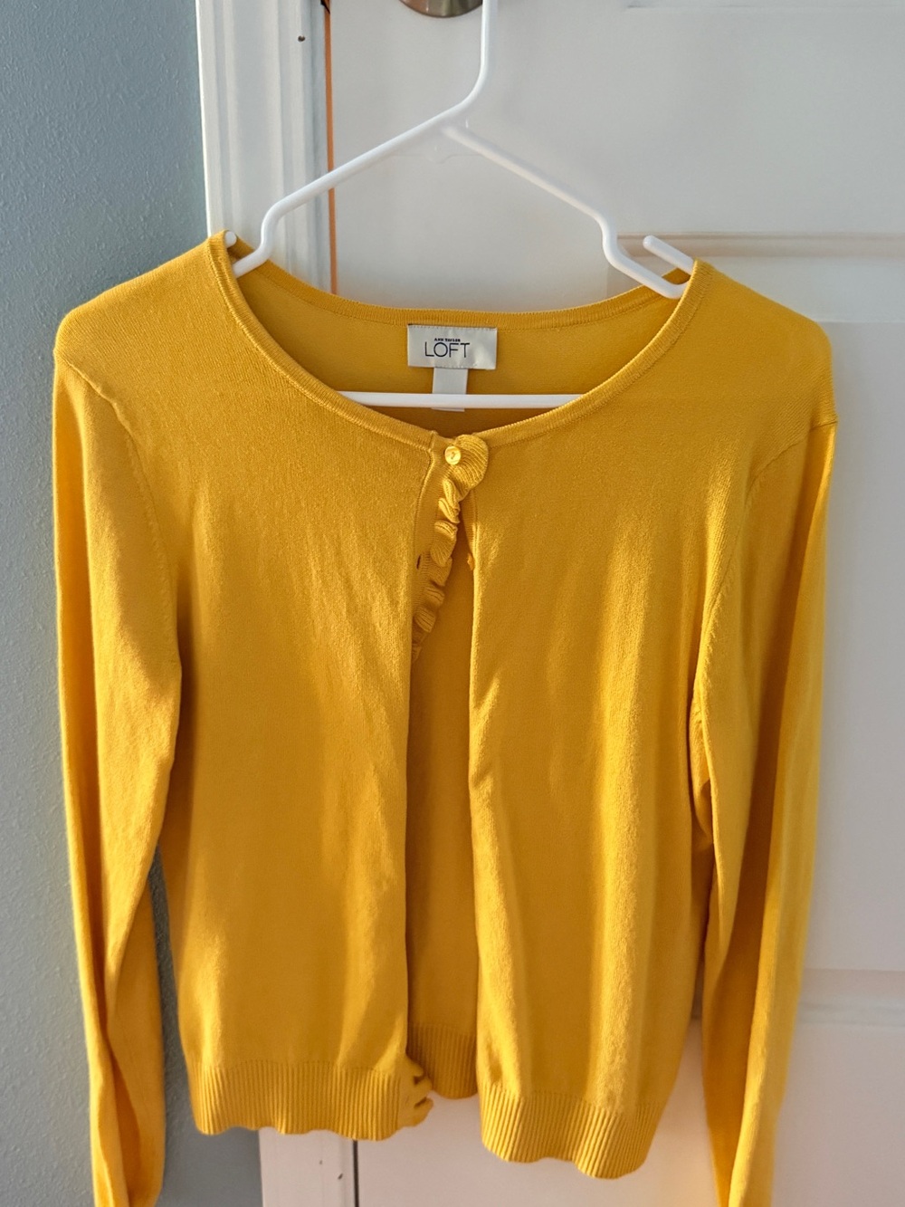 Ann Taylor LOFT Yellow Ruffle-Trim Button Cardigan